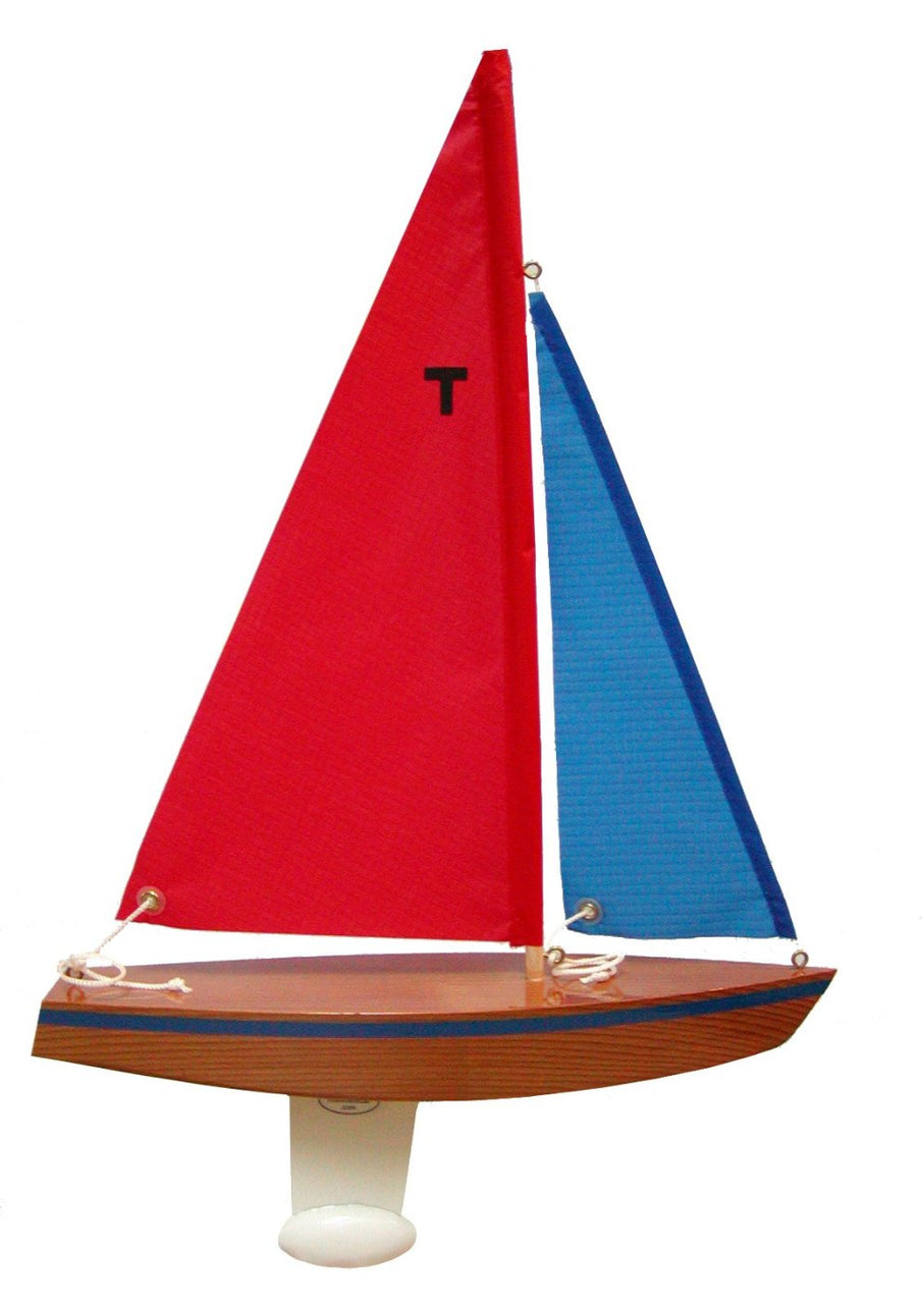 Wooden Toy Sailboat: T12 Cruiser with Red and blue sails