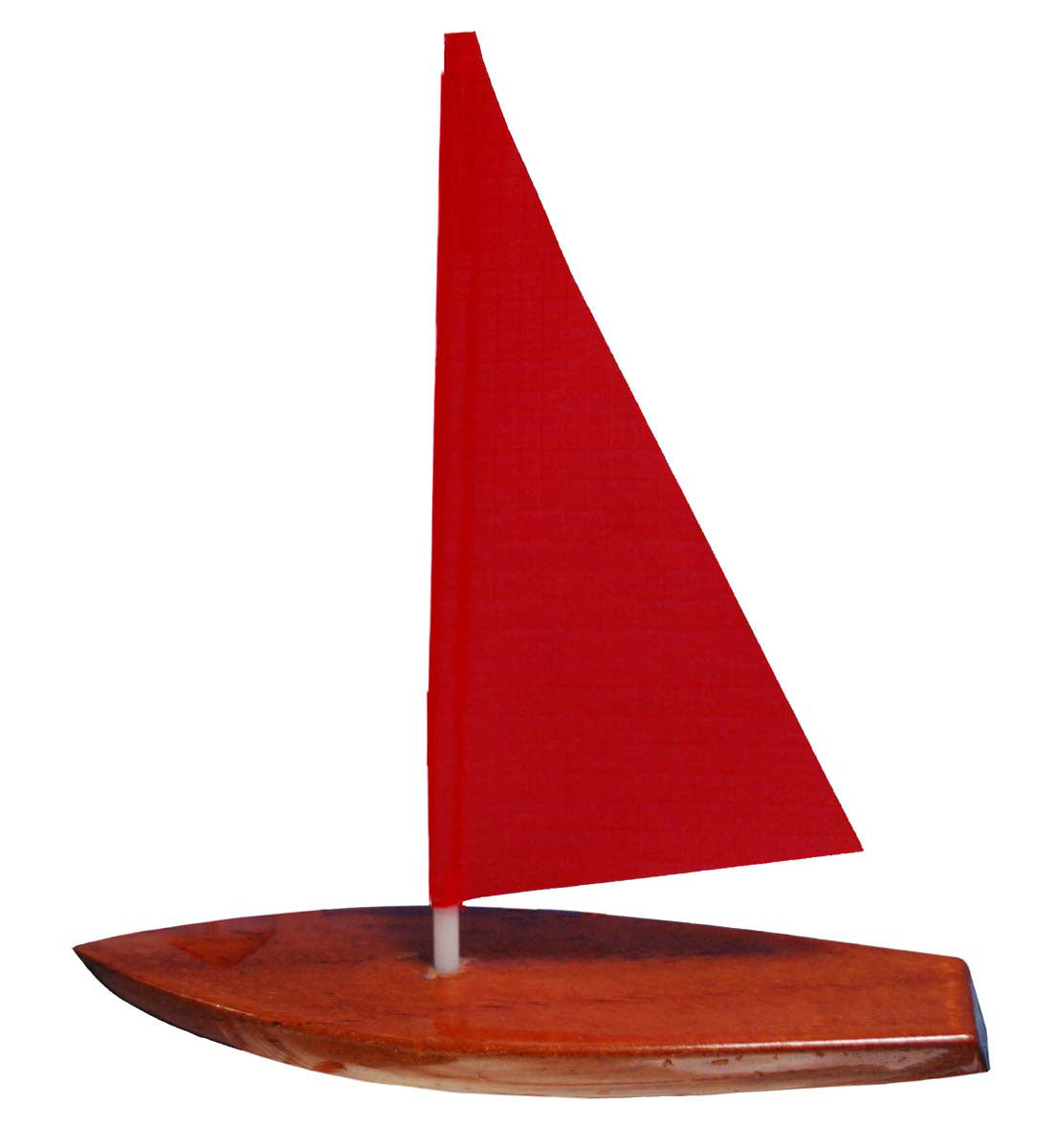 A small wooden model sailboat with a reddish-brown hull and a bright red triangular sail, shown on a plain white background.