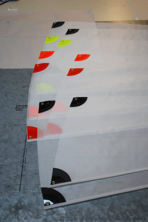 Kyosho SeaWind Sails by Tippecanoe Boats - Close up of bottom colored corners