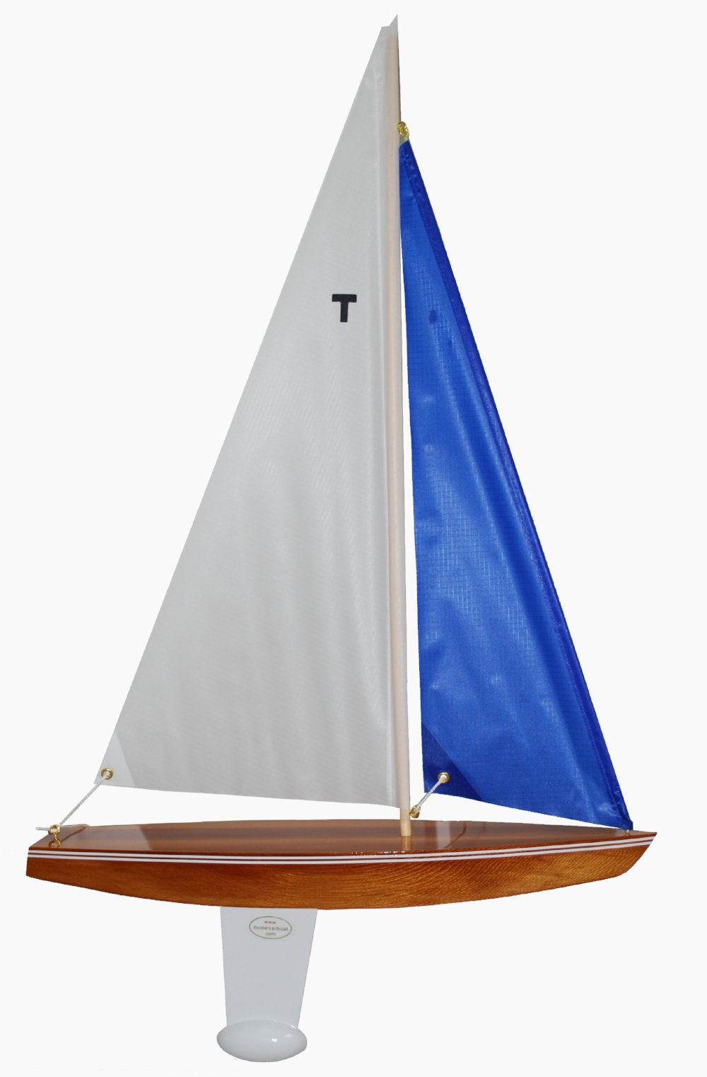 Wooden Toy Sailboat T15 Racing Sloop with White and Blue Sails